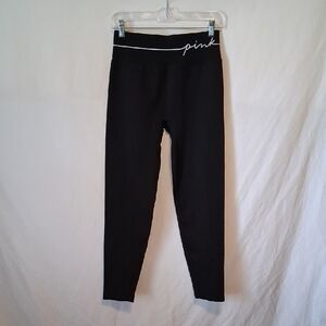 Pink Active USA Black Leggings with White Script Waistband